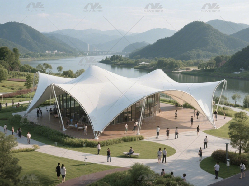 Weather-Resistant PVDF PTFE Tensile Canopies for Park & Riverside Shading