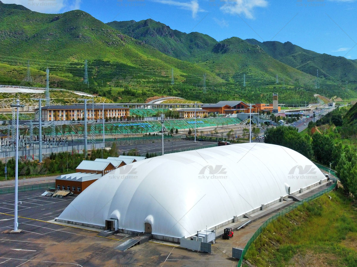 Custom sports air dome exterior showing structural curvature and footprint